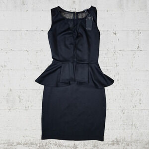 Guess Black Peplum Sleeveless Mesh USA Made Bodycon Classic Mini Dress Size XS